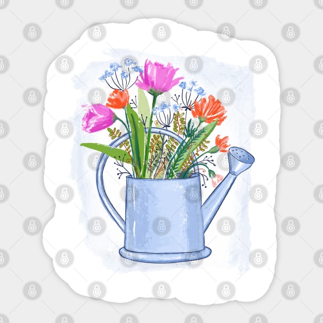 Watering Can with Flowers Floral Illustration Sticker by denizko